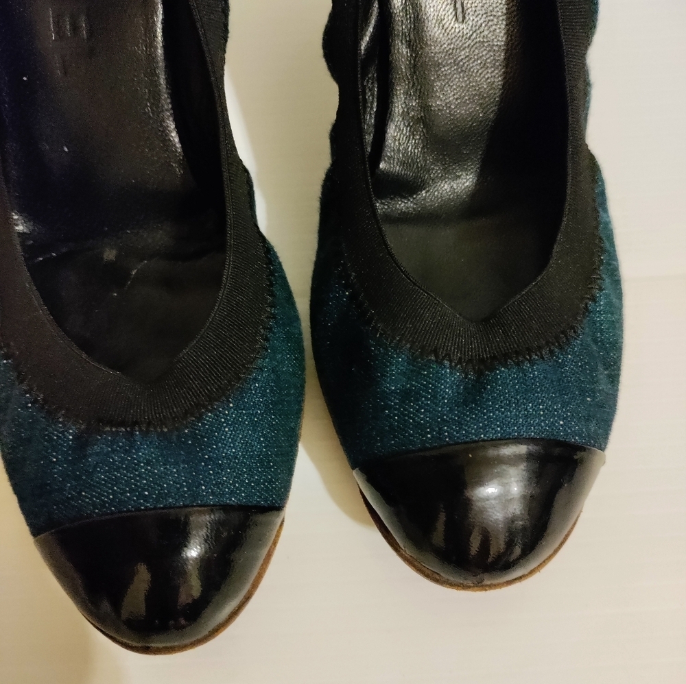 CHANEL Ballet w Heels- Blue Jeans Leather 37.5 - 7US - Picture 2 of 11